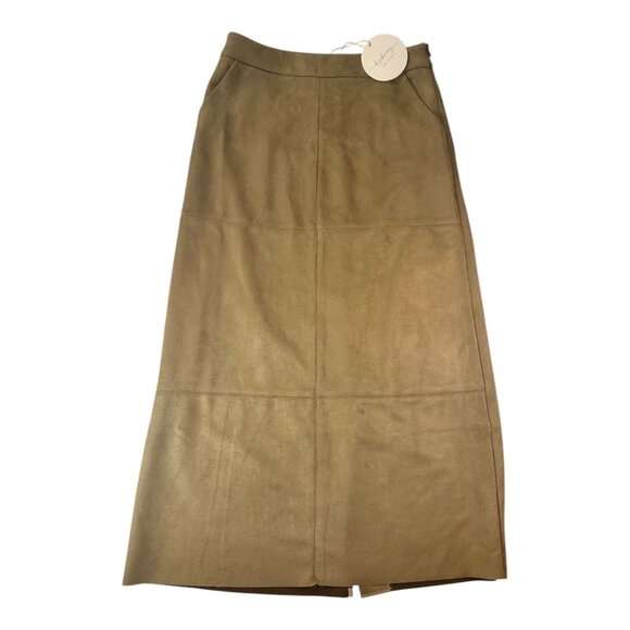 Runway-Inspired! NWT Olive Green Faux-Suede Midi Skirt S – Sleek Back Slit - Picture 2 of 7